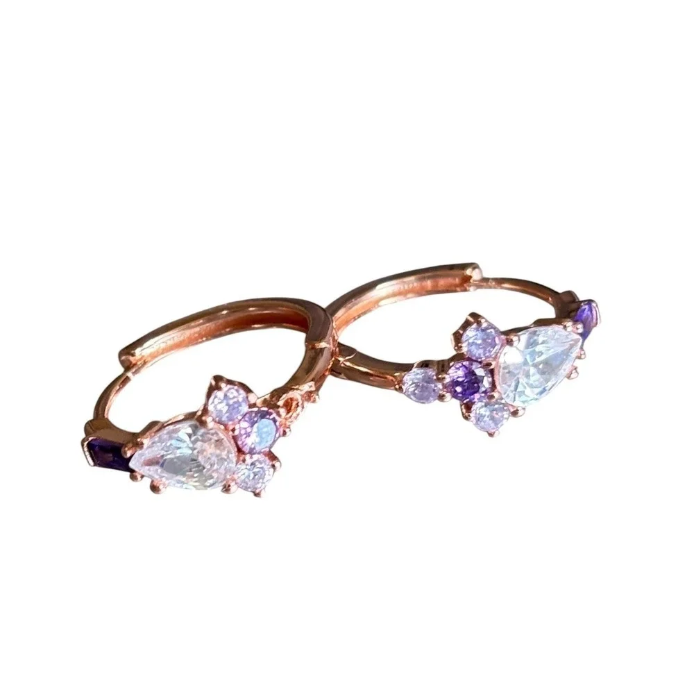 Purple Pink Amethyst White Zircon Earrings 925 Sterling‎ Silver Huggies Hoop